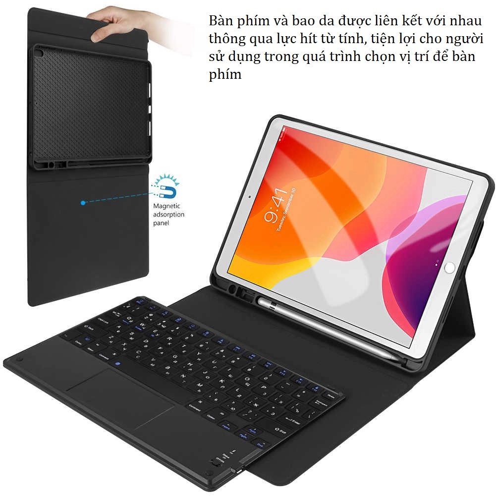 Bàn phím bluetooth cho iPad 10.2" 2019 (có touchpad), kèm bao da cầm tay